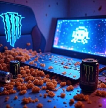 Best Gaming Laptops Gaming laptop, Cheetos, Monster can, RGB lights, 8-bit invader on chaotic desk