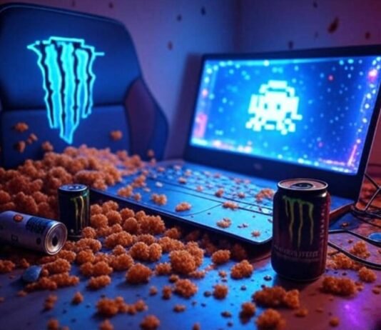 Best Gaming Laptops Gaming laptop, Cheetos, Monster can, RGB lights, 8-bit invader on chaotic desk