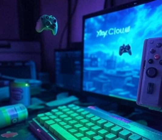 How to Use a Mouse & Keyboard for Xbox Cloud Gaming Free Cluttered desk, Xbox green keys, spilled drink, retro vibe