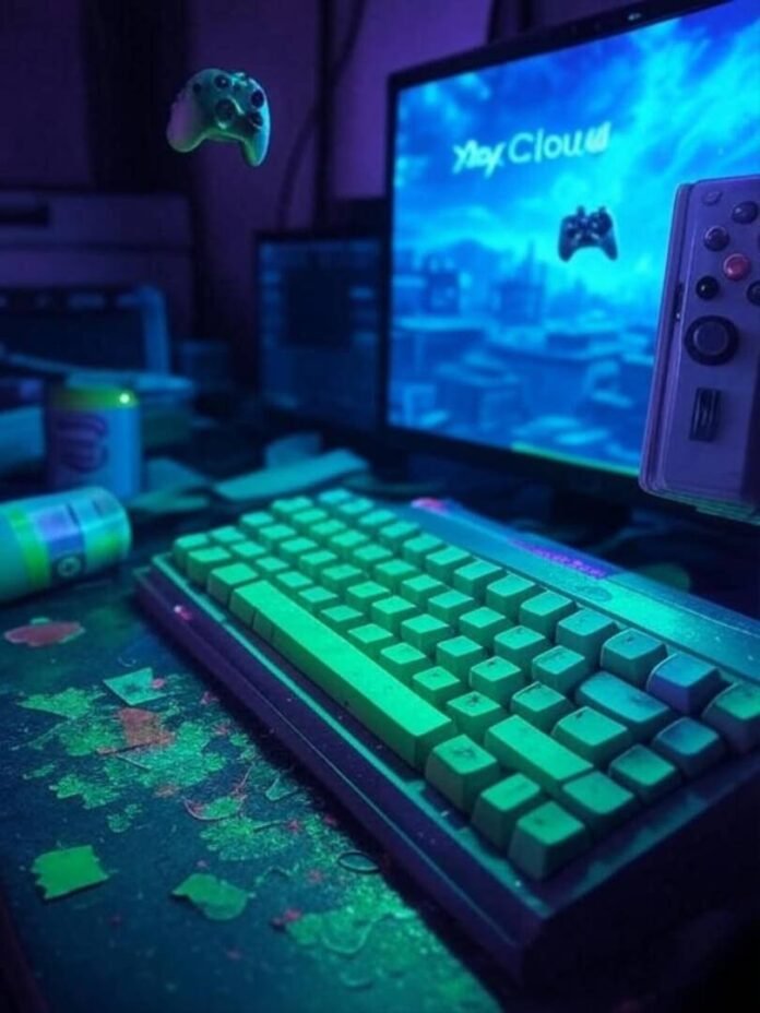 Cluttered desk, Xbox green keys, spilled drink, retro vibe Cluttered desk, Xbox green keys, spilled drink, retro vibe