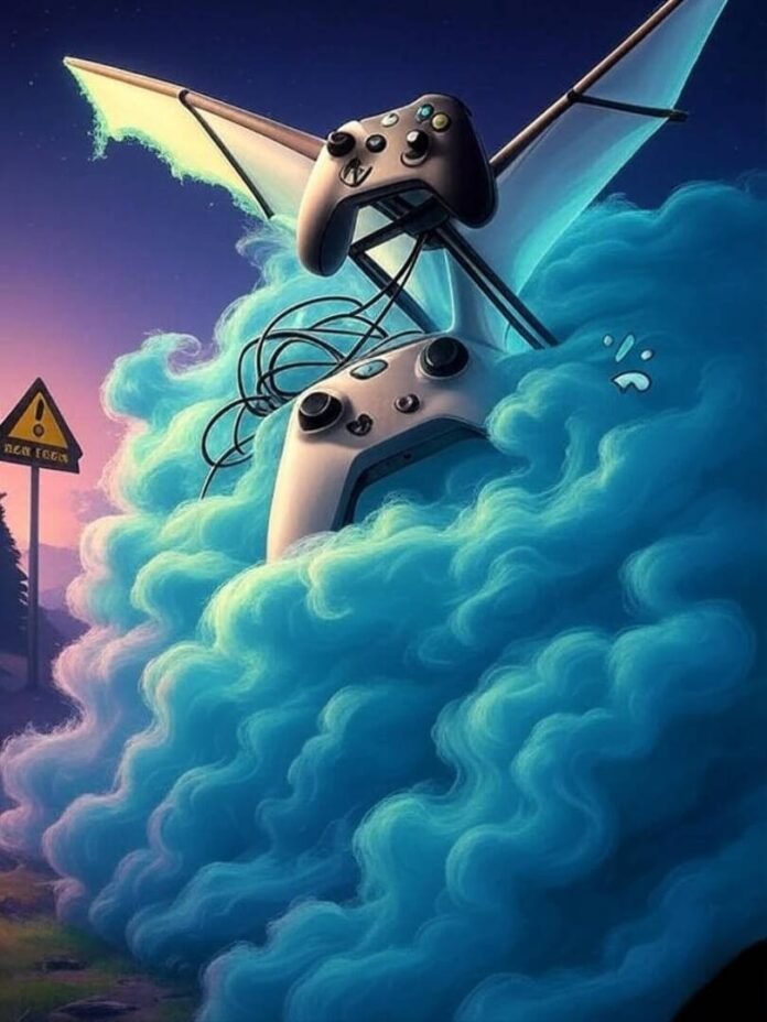 Fortnite glider, Xbox controller, cloud, scam sign