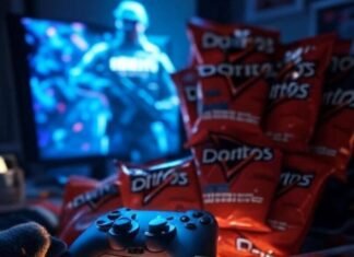 Top 10 Addictive Games Everyone’s Playing in 2025 – Are You Missing Out? Chaotic desk, glowing controller, Doritos, "STOP PLAYING" note