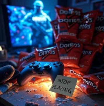 Top 10 Addictive Games Everyone’s Playing in 2025 – Are You Missing Out? Chaotic desk, glowing controller, Doritos, "STOP PLAYING" note