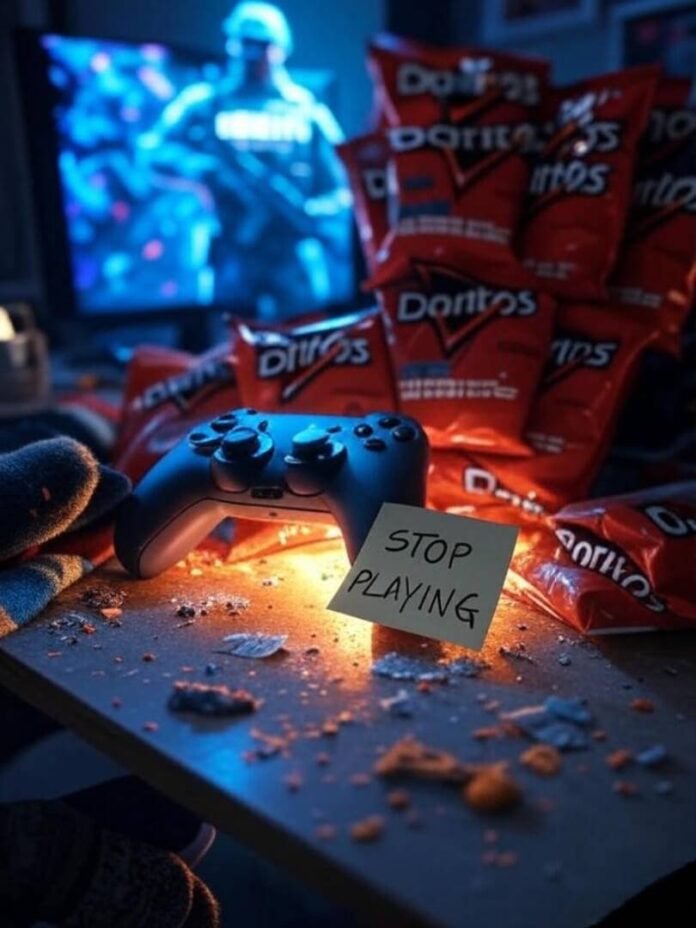 Chaotic desk, glowing controller, Doritos, "STOP PLAYING" note