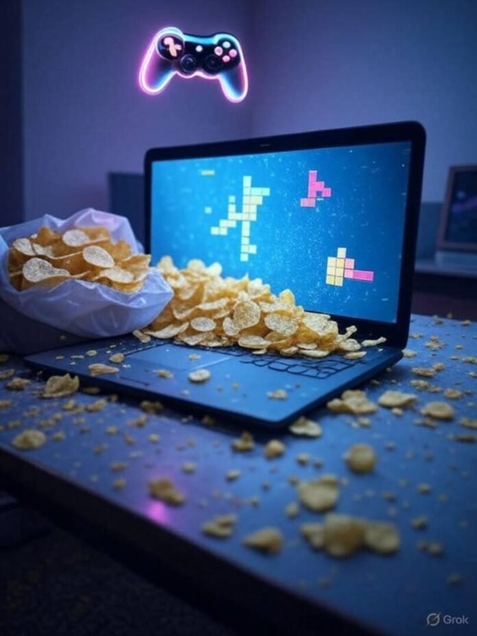 Neon gaming desk, chips spill, controller floats