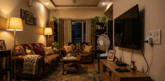 Smart Home Gadgets That Actually Cut Bills in 2026 Cozy Indian living room at night with a smart plug.