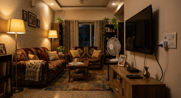 Cozy Indian living room at night with a smart plug.