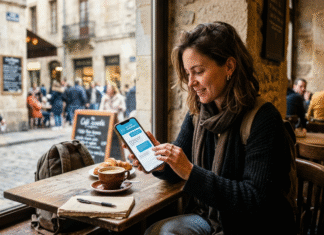 People Are Quietly Replacing Search With AI (Best Tools Right Now) A traveler using an AI chat app in a café.