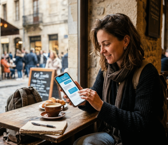People Are Quietly Replacing Search With AI (Best Tools Right Now) A traveler using an AI chat app in a café.