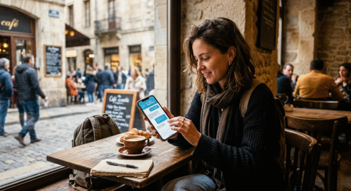 A traveler using an AI chat app in a café.